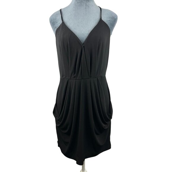 NWT BCBGeneration Women's Medium Black V-Neck Faux Wrap Midi Dress Pockets - Picture 1 of 13